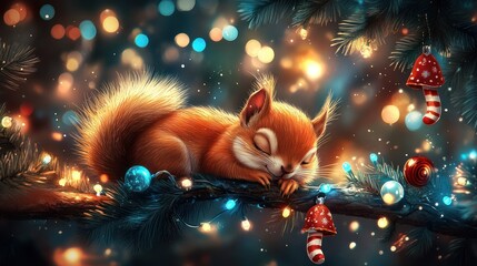 Wall Mural - A squirrel on a Christmas tree branch surrounded by festive decorations such as Christmas garlands and twinkling lights.