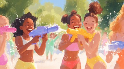 Wall Mural - Young women in park with water guns, summer joy, playful scene capturing youth carefree fun.