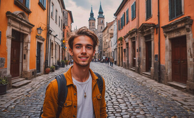 Poster - Man wearing a yellow jacket and a backpack is smiling