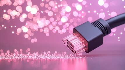 Poster - A close up shot of fiber optic cables emitting vibrant light pulses, symbolizing high speed data transmission and the backbone of digital networks.