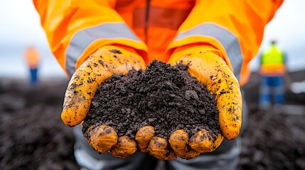 A close-up of a chemical engineer's hands holding soil samples, analyzing contamination levels after an industrial spill, with cleanup crew in the background