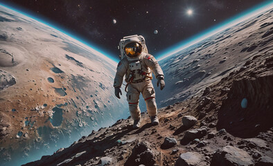 Poster - Man in a space suit is walking on a rocky surface