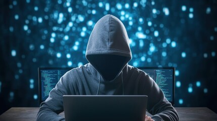 Poster - A hooded figure in a dark room illuminated by the glow of multiple computer screens, working on cybersecurity tasks or penetration testing.
