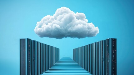 Poster - A conceptual image of data flowing through a network of interconnected servers and clouds, representing cloud computing and server side development.