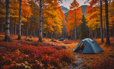 Poster - Blue tent is set up in a field of autumn leaves