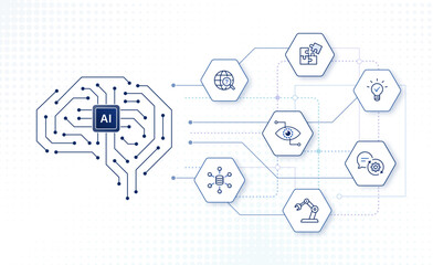 AI technology artificial general intelligence concept. Digital AI brain with editable stroke icons