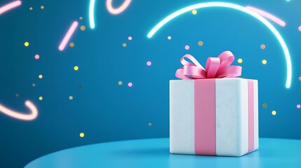 Wall Mural - Festively Wrapped Gift Box with a Pink Bow Surrounded by Colorful Neon Lights