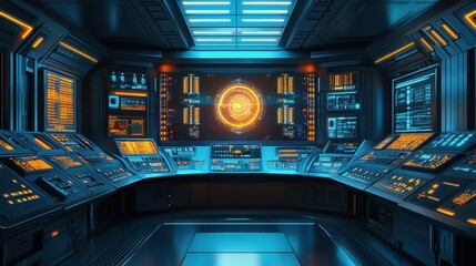 Poster - Futuristic Control Room with Multiple Screens and Digital Interfaces