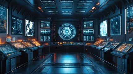 Poster - Futuristic Control Room with Multiple Screens and Consoles