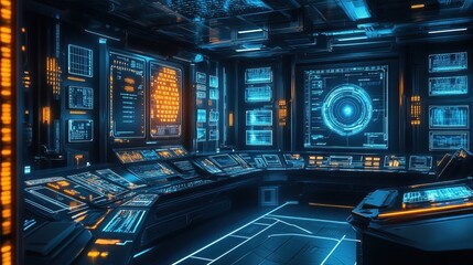 Leinwandbilder - Futuristic Control Room with Blue and Orange Glowing Screens