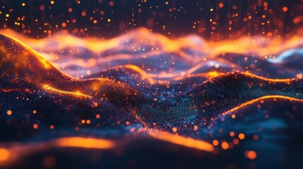 Poster - Abstract Digital Landscape with Glowing Orange and Blue Particles