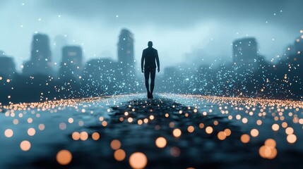 Wall Mural - A lone figure walking through a futuristic cityscape with augmented reality overlays and glowing data streams, showcasing the immersive and potentially isolating effects of technology.