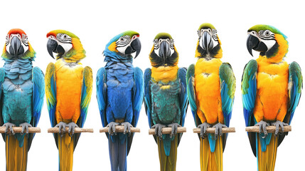 Poster - colorful collection of tropical macaws perched on branches generative ai