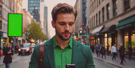 Poster - Man in a green suit is looking at his cell phone