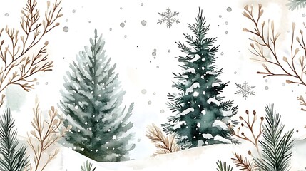 Winter seamless pattern Christmas trees snowy branches natural greens whites watercolor style subtle winter plants festive holiday design