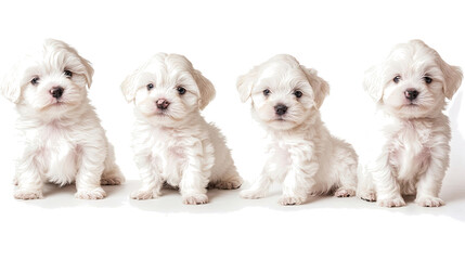 Poster - cute white maltese puppies sitting together on a light surface generative ai