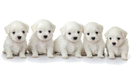 Poster - Five Cute Maltese Puppies on a White Background Generative AI