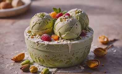Poster - Bowl of ice cream with three green balls and raspberries