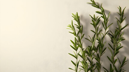 Wall Mural - Green rosemary sprigs with shadows against a white background.