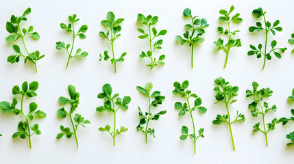 Wall Mural - green sprigs of fresh herbs arranged in a pattern on a white background.