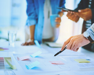 Poster - Hand, business people and pointing at documents for strategy with pen in meeting. Group, paperwork and project manager planning with sticky note, brainstorming ideas and teamwork in creative startup
