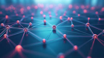 Abstract digital background with interconnected nodes and lines forming an array of cyber connections on a teal gradient, representing a technology network 