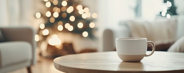 Poster - A close-up of a lit fireplace with a warm glow, a cup of hot cocoa resting on a rustic coffee table, evoking the spirit of Christmas tradition.
