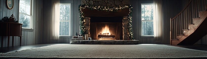 Poster - a serene christmas scene featuring a crackling fire in a stone fireplace, plush rugs, and a festive 
