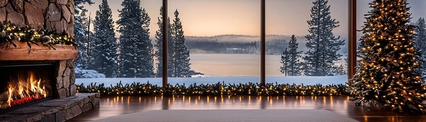 Aufkleber - a serene christmas scene featuring a crackling fire in a stone fireplace, plush rugs, and a festive 