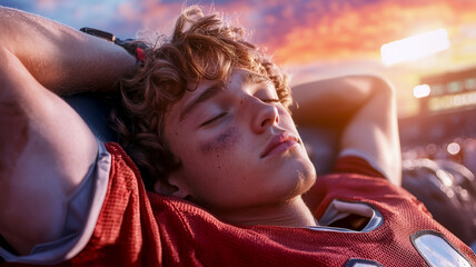 Young football player resting after a game at sunset