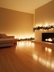 Poster - a festive living room with a large fireplace, decorated with garlands and candles, setting the stage
