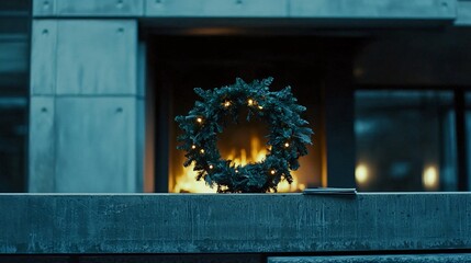 Poster - a close-up of a beautifully adorned christmas wreath on a fireplace, with glowing lights reflecting 