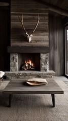 Poster - a rustic cabin living room at christmas, with a traditional stone fireplace, festive decorations, an