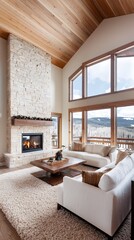 Poster - a rustic cabin living room at christmas, with a traditional stone fireplace, festive decorations, an