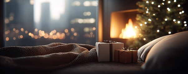 Poster - A quiet corner of a room with a crackling fire, a Christmas tree softly glowing, and cozy blankets draped over a chair ready for winter relaxation.