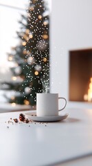 Poster - Snow gently falling outside, inside a cozy living room with a glowing fireplace, Christmas tree with ornaments, family gathered, mugs of hot cocoa, intimate holiday atmosphere