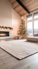 Poster - Cozy Christmas evening, crackling fire, a well-decorated Christmas tree with twinkling lights, wrapped presents, soft plush rug underfoot, festive ambiance