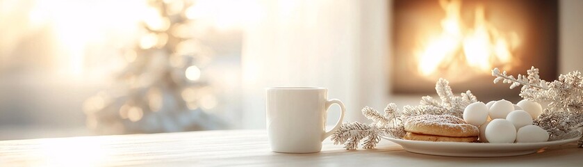 Poster - A tranquil Christmas morning, soft light from the fire, breakfast spread on the table, family gathered around, the warmth of the fireplace, festive holiday decorations