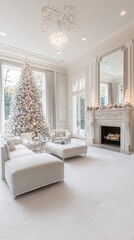 Poster - a beautifully decorated christmas tree casting soft light across a cozy room, with a roaring firepla