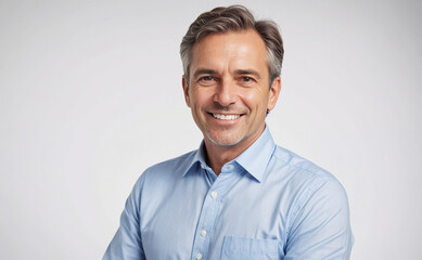 Poster - Man is smiling and wearing a blue shirt