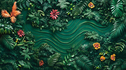 Wall Mural - lush green tropical foliage with wavy lines and colorful flowers, creating a natural and vibrant bac