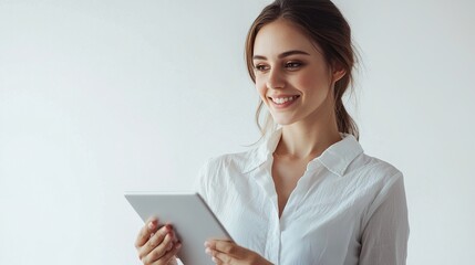 Poster - Young Smiling Businesswoman with Tablet