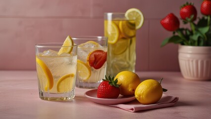 Fresh lemonade glasses with lemon and strawberry on a pink tile table