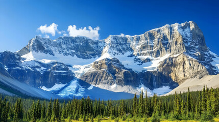 majestic snow-capped mountain peak with lush forest in the foreground under a bright blue sky with w