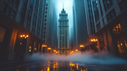 Wall Mural - In the early morning, a thick fog blankets the city, creating an atmospheric view of tall buildings and glowing streetlights reflecting on wet pavement