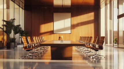 Poster - The meeting room is designed to be suitable and convenient for working in the office. There are tables and chairs in a wide area without people.