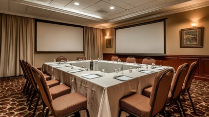 Poster - The meeting room is designed to be suitable and convenient for working in the office. There are tables and chairs in a wide area without people.