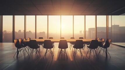 Poster - The meeting room is designed to be suitable and convenient for working in the office. There are tables and chairs in a wide area without people.