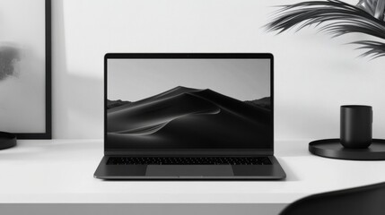 Fototapete - The image of a laptop or notebook placed on a table represents technology and the use of devices to help with work in the current era.