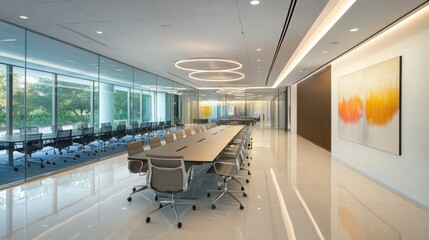 Poster - The meeting room is designed to be suitable and convenient for working in the office. There are tables and chairs in a wide area without people.